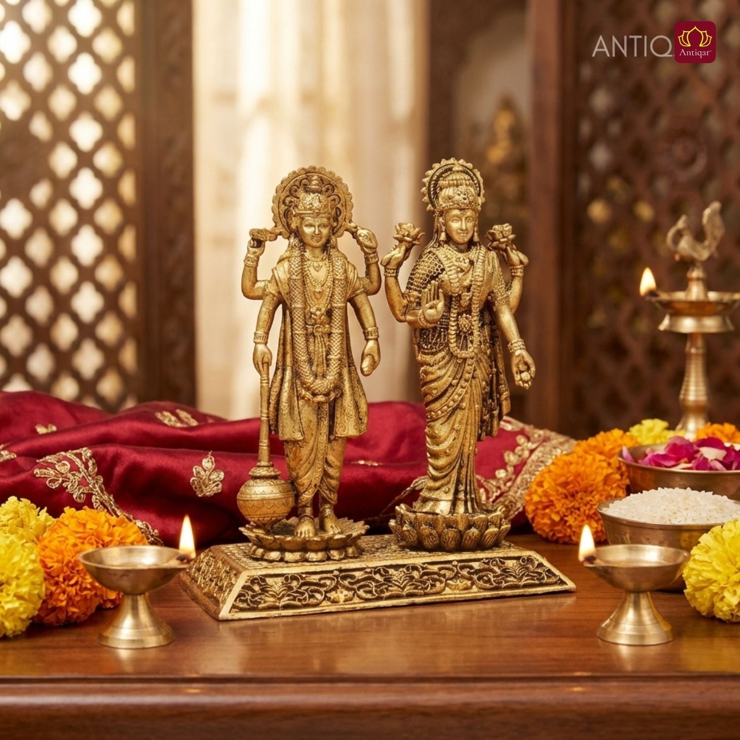 Brass Laxmi Narayan pair Idol - 8cm | Standing on Lotus | Antique Finish | Spiritual Idol for Temple & Home Decor