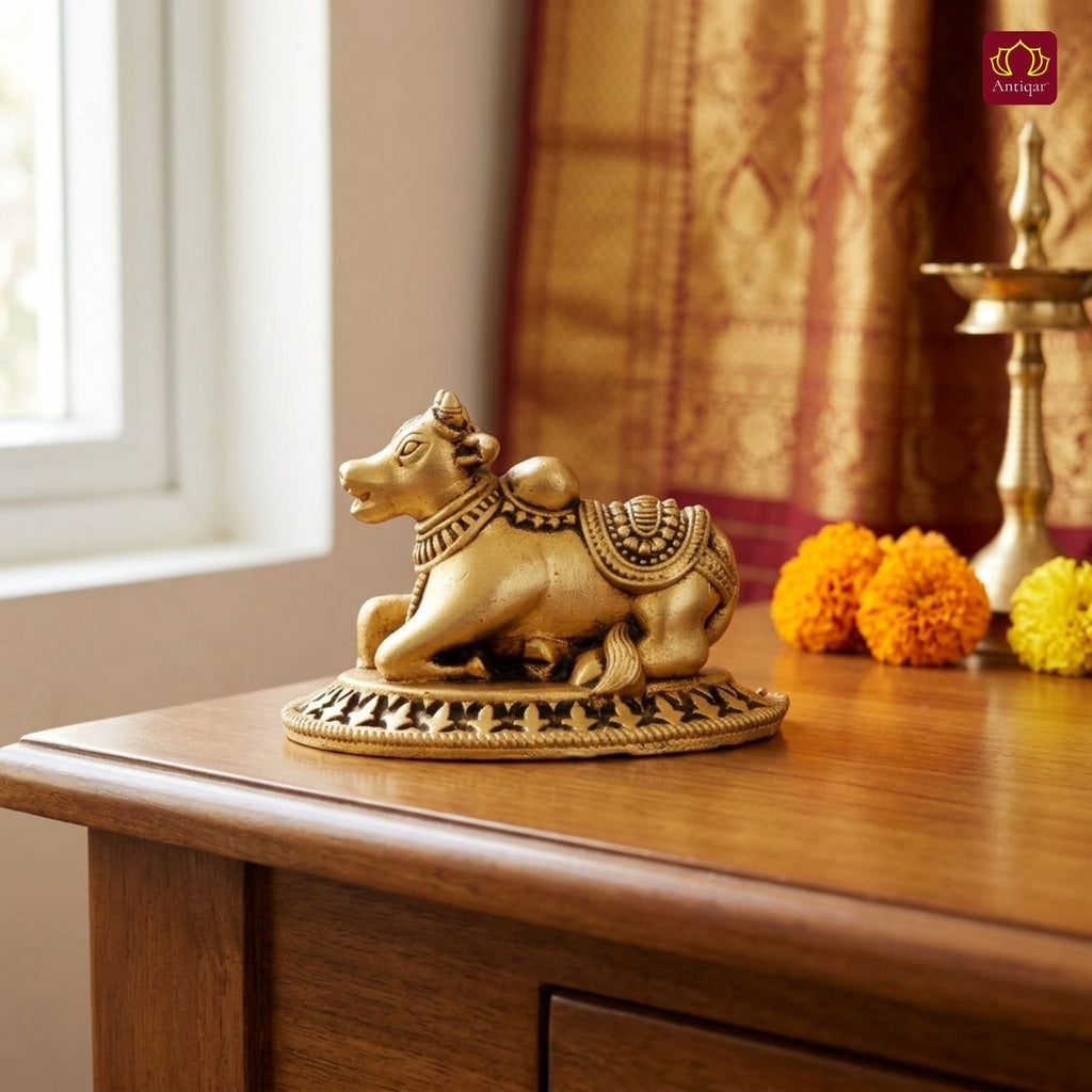 Brass Nandi Figurine - 3.5cm | Antique Golden Finish | Spritual use for Home, Temple & Car Dashboard Decor