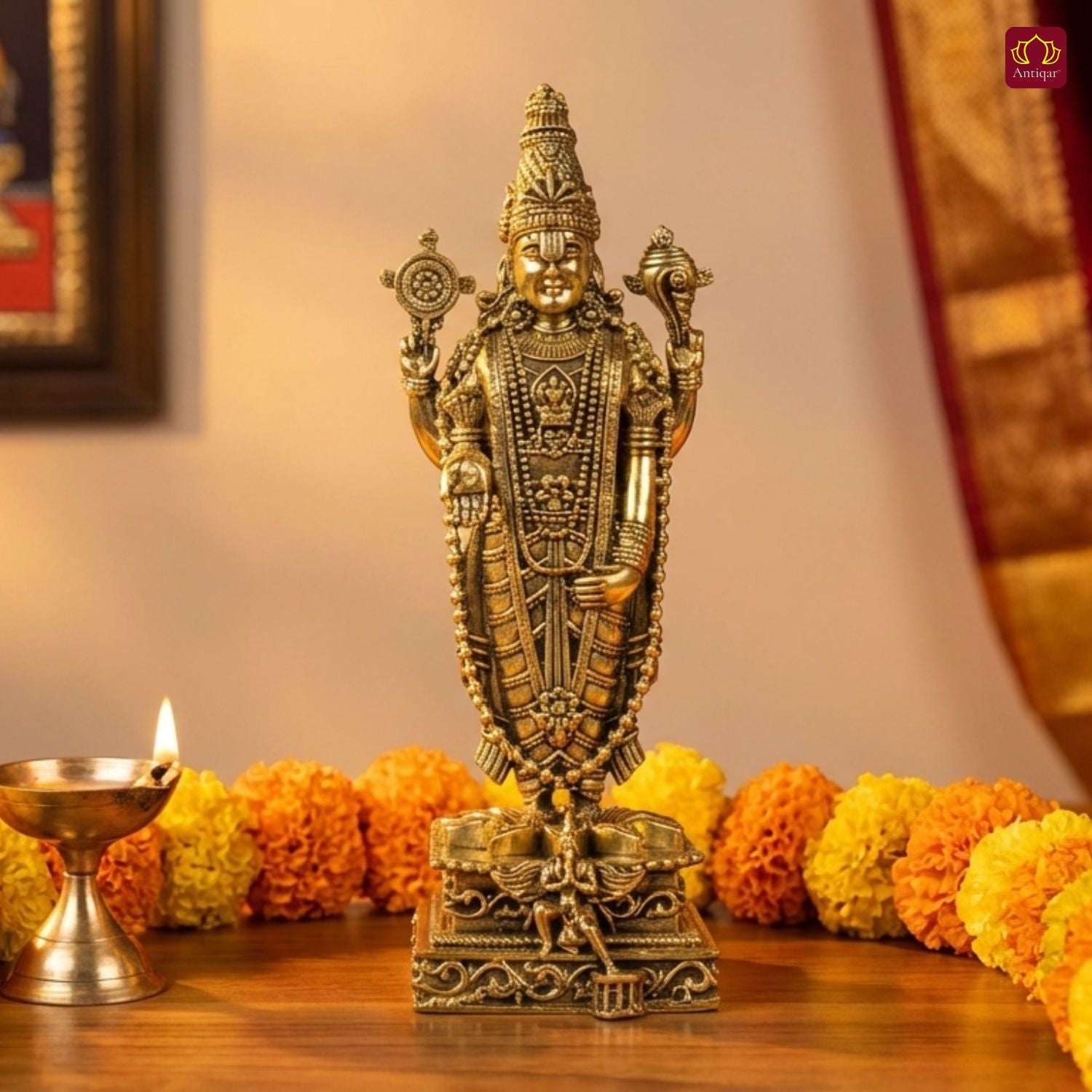 Brass Shree Venkateshwara Ji Idol - 15cm | Golden Finish | Spritual use for Home, Temple & Car Dashboard Decor