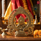 Brass Ganesh Ji Idol with Ornate Frame – 22 cm | Sitting Position with Intricate Carving | Antique Golden Finish | Handcrafted for Temple, Home & Table Decor