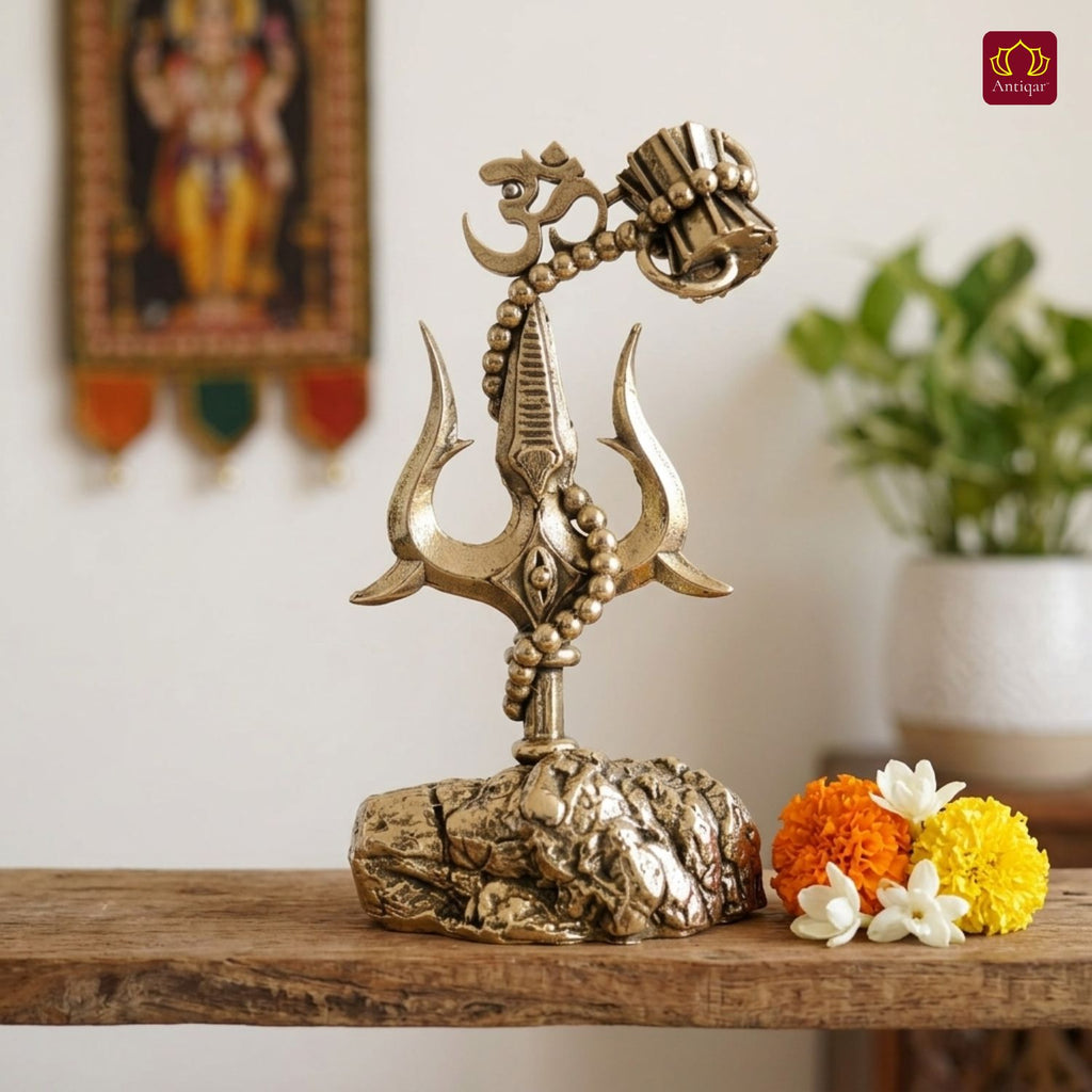Brass Trisul with Om & Damru - 10.5cm | Antique  Golden Finish | Handcrafted for Pooja Temple & Festival Decor