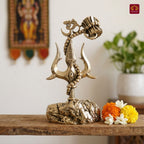 Brass Trisul with Om & Damru - 10.5cm | Antique  Golden Finish | Handcrafted for Pooja Temple & Festival Decor