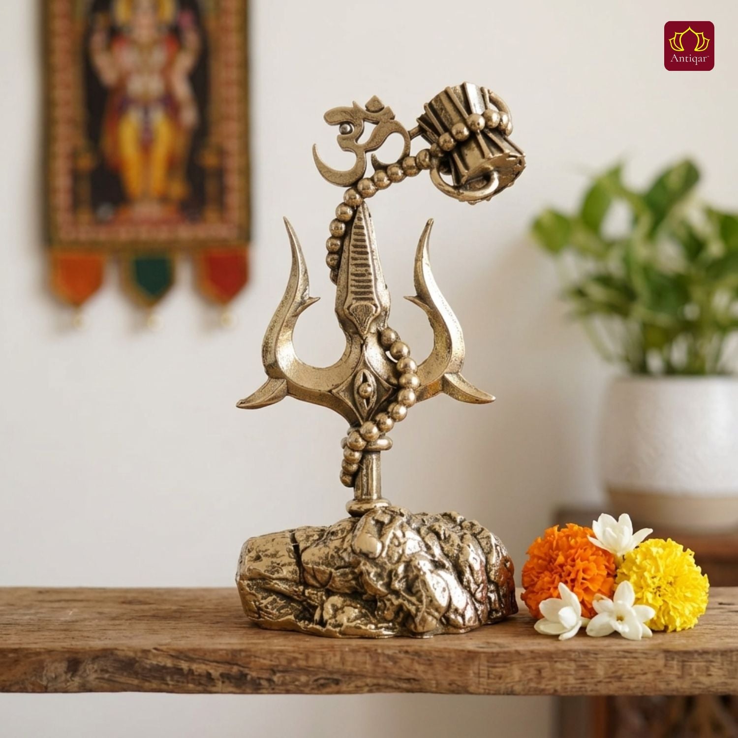 Brass Trisul with Om & Damru - 10.5cm | Antique  Golden Finish | Handcrafted for Pooja Temple & Festival Decor