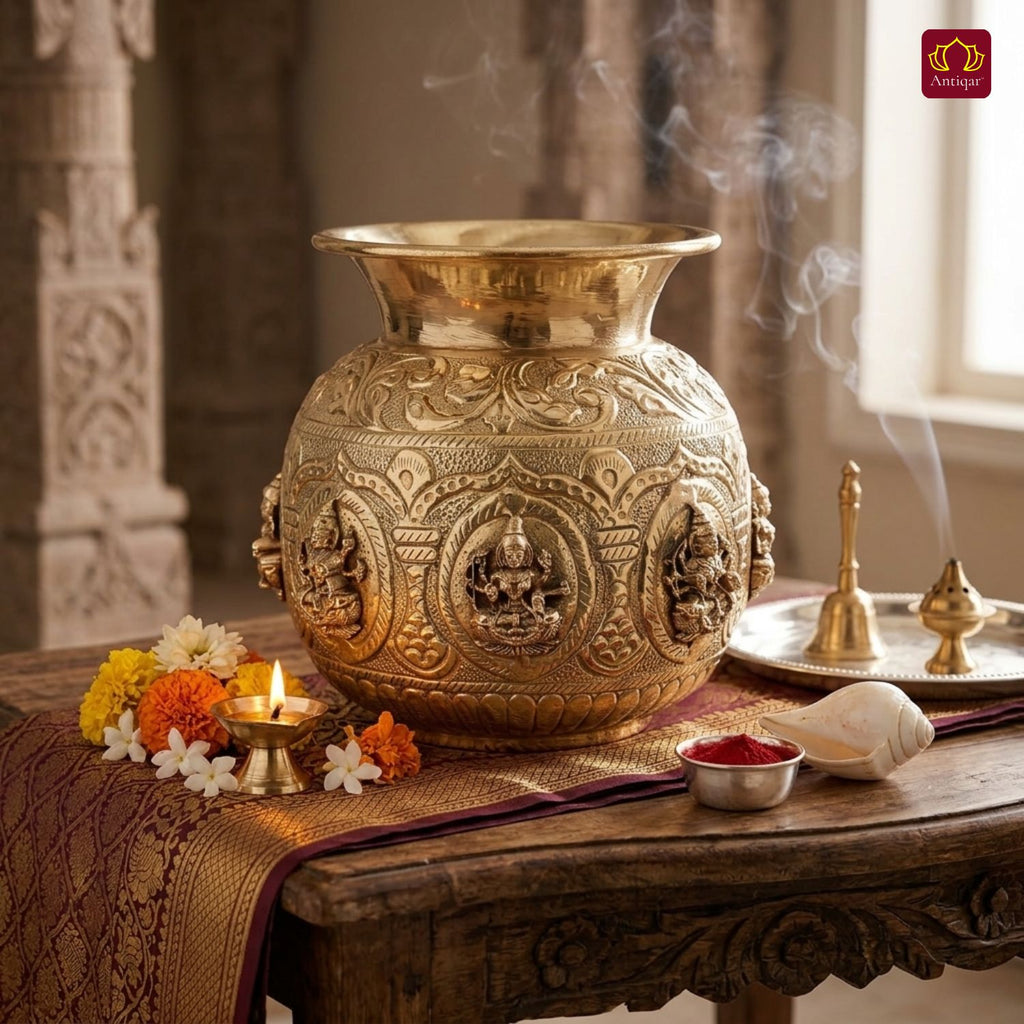 Brass Ashta Lakshmi Kalash - 12cm | Antique Yellow Finish | Spritual use for Pooja, Temple & Festival Decor
