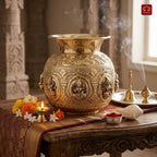 Brass Ashta Lakshmi Kalash - 12cm | Antique Yellow Finish | Spritual use for Pooja, Temple & Festival Decor