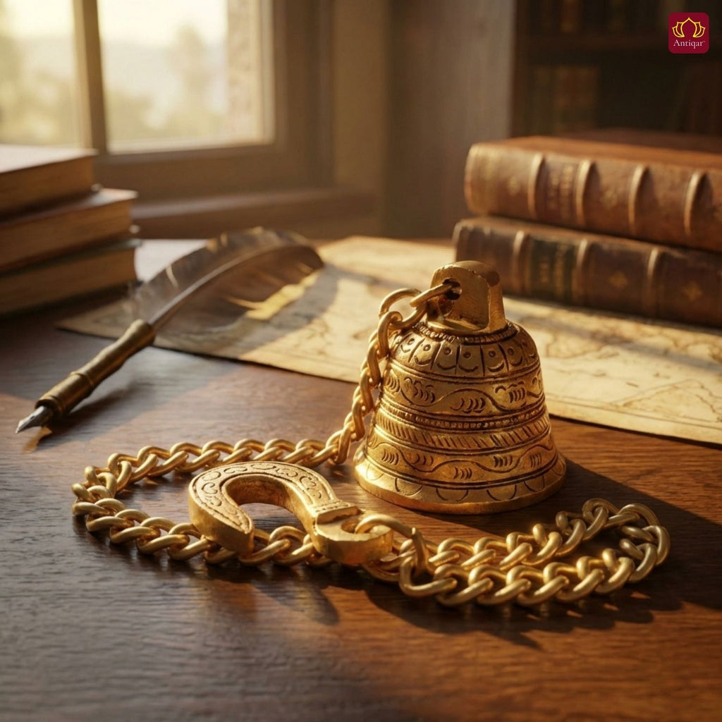 Designer Brass Bell with Kunda Chain – 6 cm | Antique Golden Finish | Handcrafted Puja Hanging for Temple, Home & Festival Decor