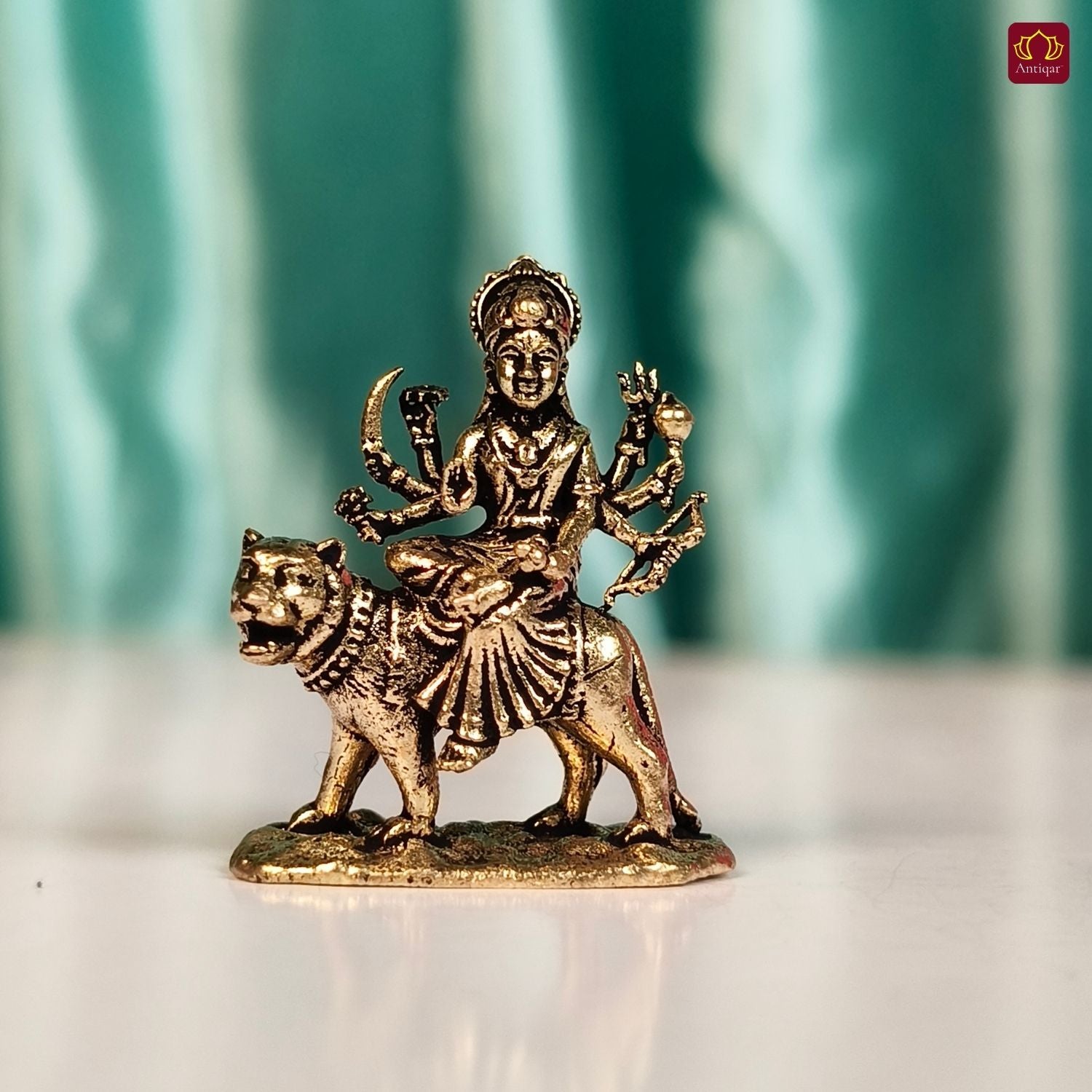 Brass Miniature Sherawali Maa Idol - 2.5cm | Antique Finish | Spritual use for Home, Temple & Car Dashboard Decor