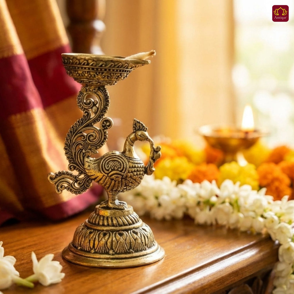 Brass Peacock Diya - 8cm | Antique Finish | Spritual use for Pooja, Temple & Festival Decor