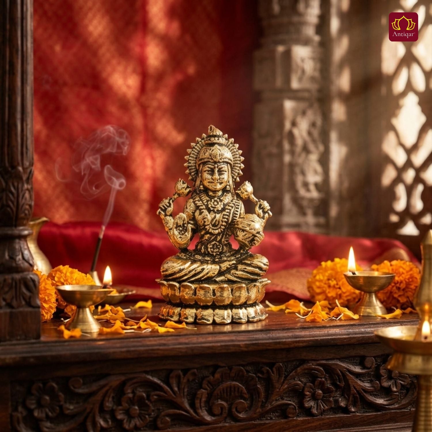 Brass Lakshmi JI Idol - 4.5cm | Golden Finish | Spiritual Decor for Temple, Home & Car Dashboard