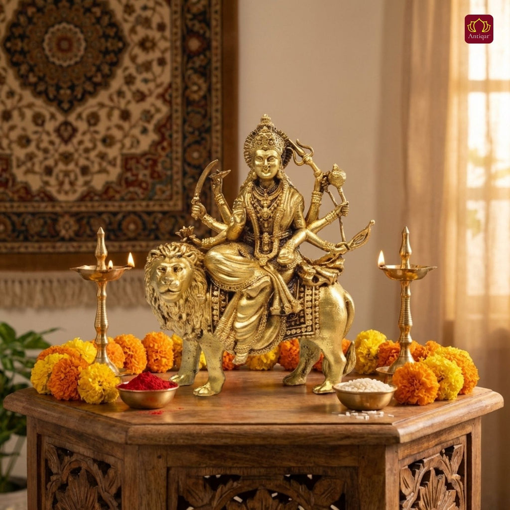 Brass Sherawali Maa Idol - 10cm | Sitting on Lion | Antique Golden Finish | Spiritual Idol for Temple & Home Decor