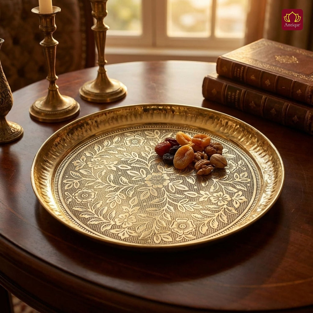 Brass Etching Floral Design Plate - 2.5cm | Serve Main Course items in Lunch & Dinner | Antique Golden Finish | Traditional Mughlai Style use for serving in Kitchen, Festivals and Restaurents