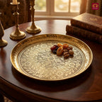 Brass Etching Floral Design Plate - 2.5cm | Serve Main Course items in Lunch & Dinner | Antique Golden Finish | Traditional Mughlai Style use for serving in Kitchen, Festivals and Restaurents