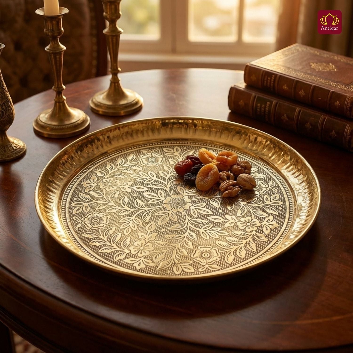 Brass Etching Floral Design Plate - 2cm | Serve Main Course items in Lunch & Dinner | Antique Golden Finish | Traditional Mughlai Style use for serving in Kitchen, Festivals and Restaurents