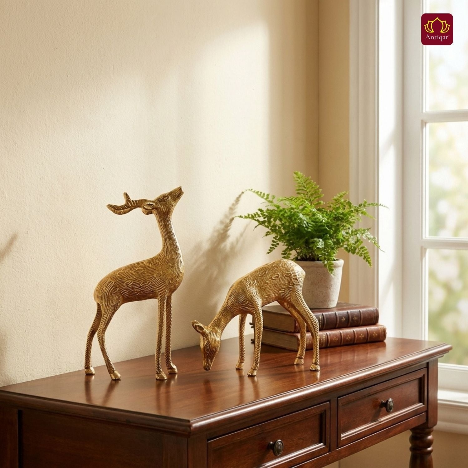 Brass Couple Deer Showpiece -17cm | Premium Superfine Finish | Handcrafted Decor Piece for Living Spaces | Ideal for Gifting