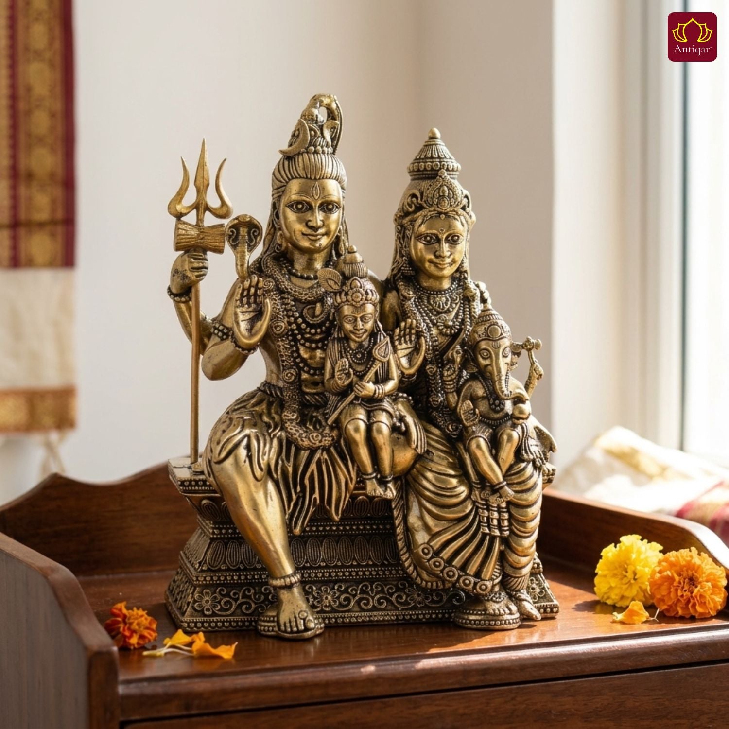 Brass Shiv Parivar Idol - 10cm | Antique Finish | Spiritual Idol for Temple & Home Decor