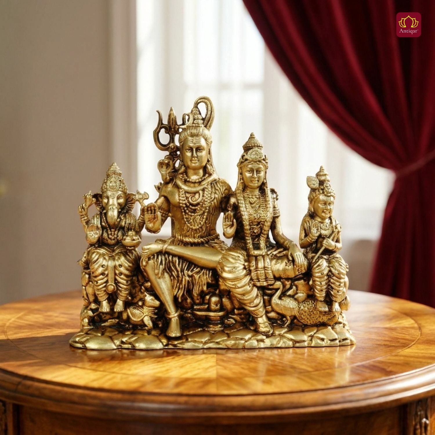 Brass Shiv Parivar Idol - 9cm | Antique Golden Finish | Spiritual Idol for Temple & Home Decor
