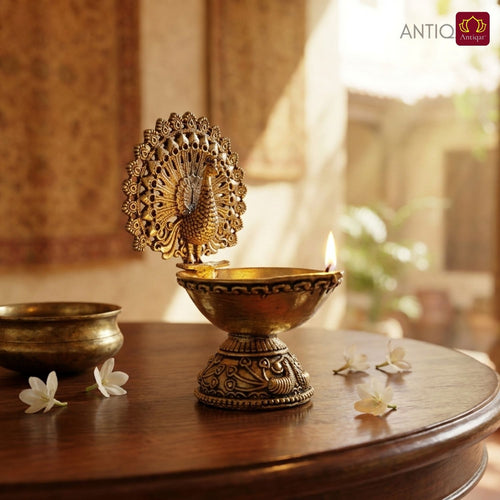 Brass Dancing Peacock on Diya - 7cm | Antique Finish | Spritual use for Pooja, Temple & Festival Decor