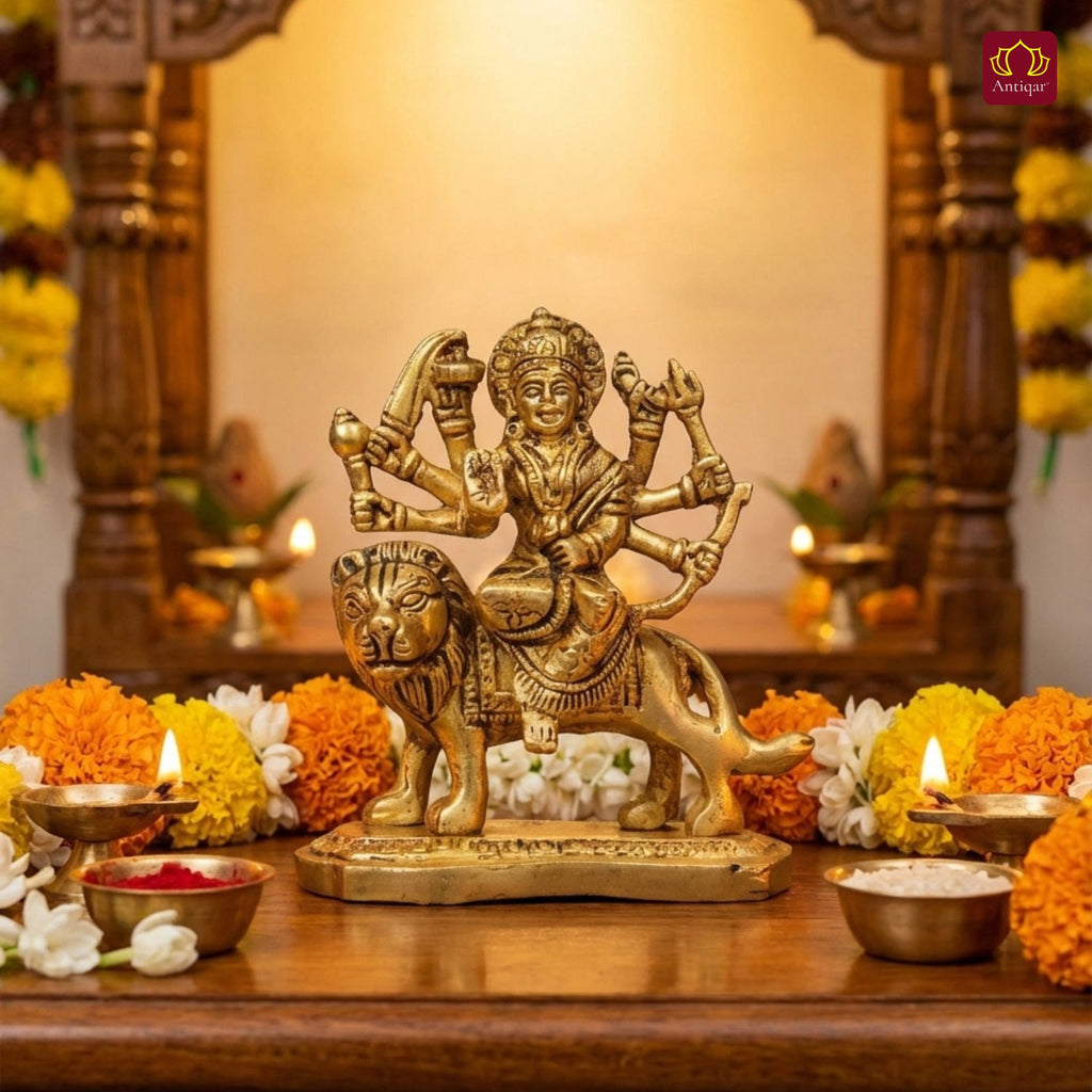 Brass Sherawali Mata Idol - 11 cm | Sitting on Lion | Antique Golden Finish | Handcrafted Idol for Temple, Home & Car Dashboard