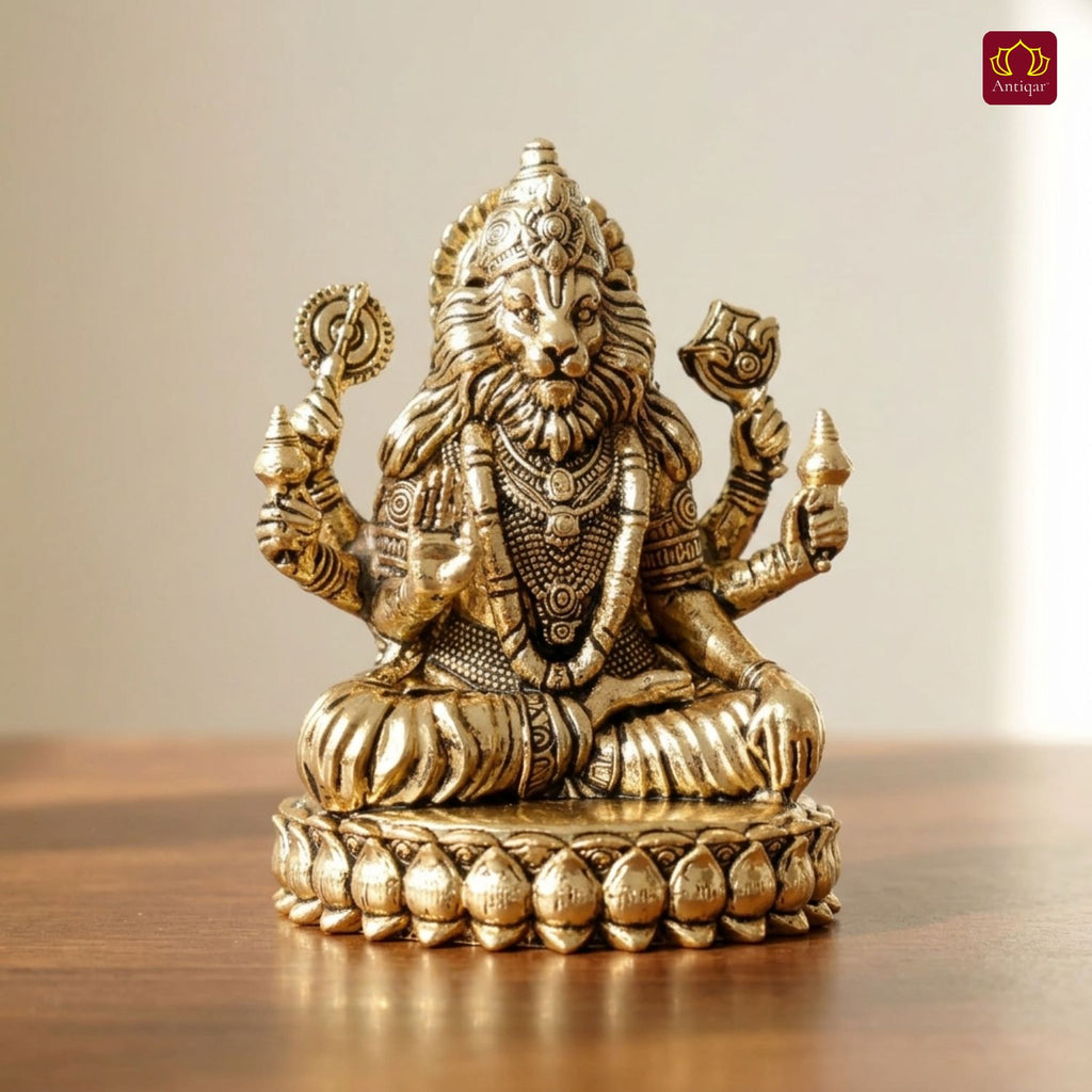 Brass Narsimha Ji Idol - 5cm  | Golden Finish | Spiritual Idol for Home, Office, Workshop, Temple & Car Dashboard Decor