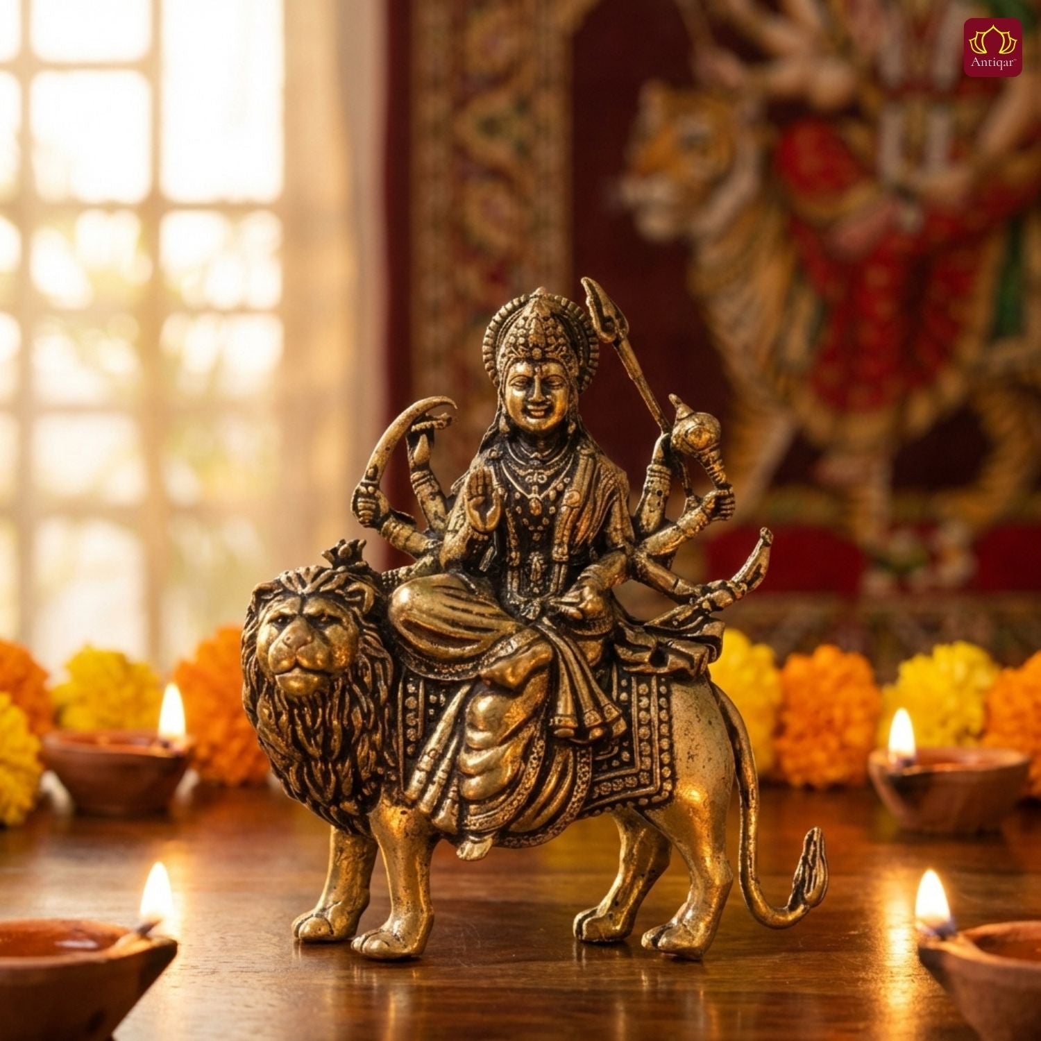 Brass Sherawali Maa Idol - 7.5cm | Sitting on Lion | Antique Golden Finish | Spiritual Idol for Temple & Home Decor