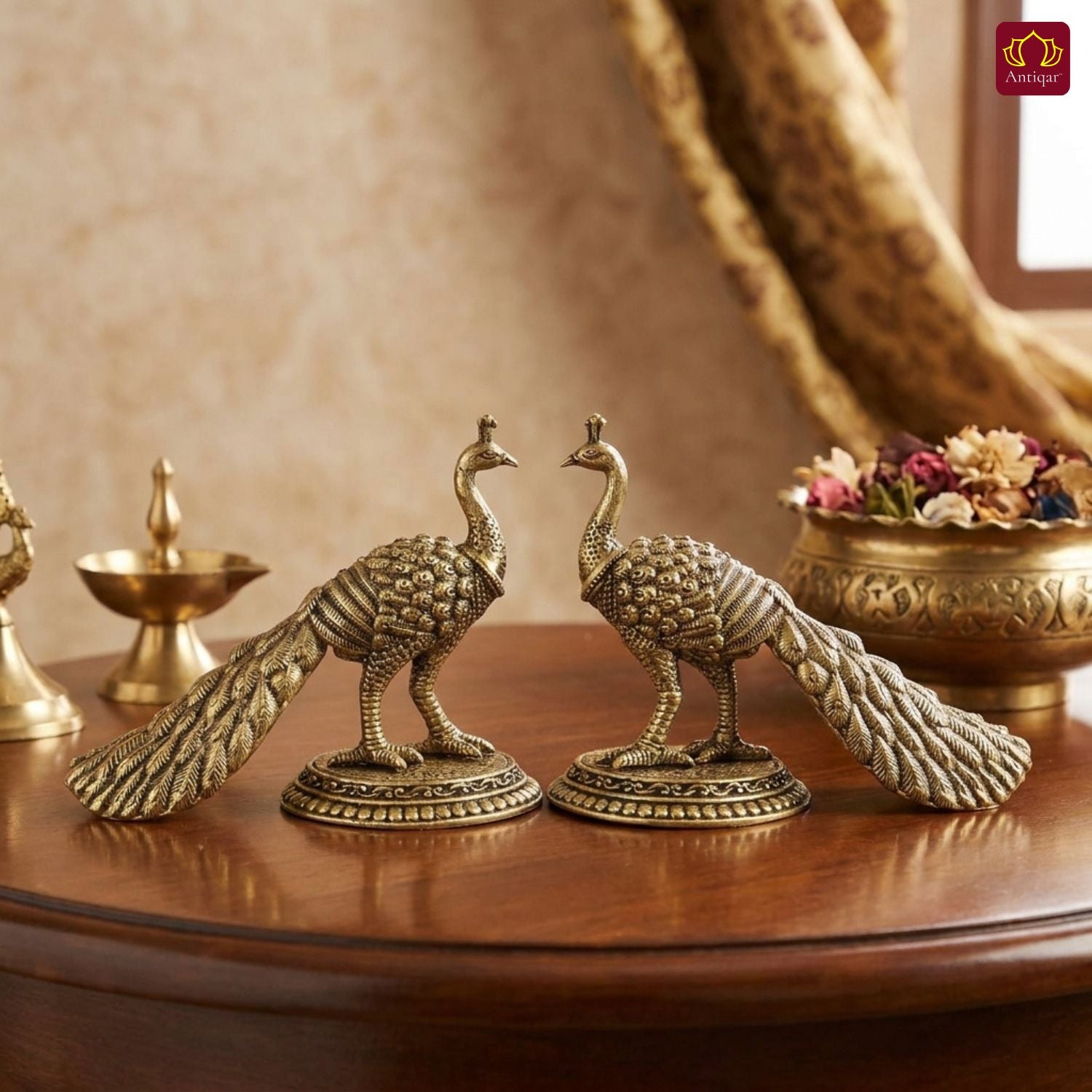 Brass Peacock Showpiece – 8 cm | Antique Finish | Handcrafted Decor for Temple, Table & Home (Pack of 2)