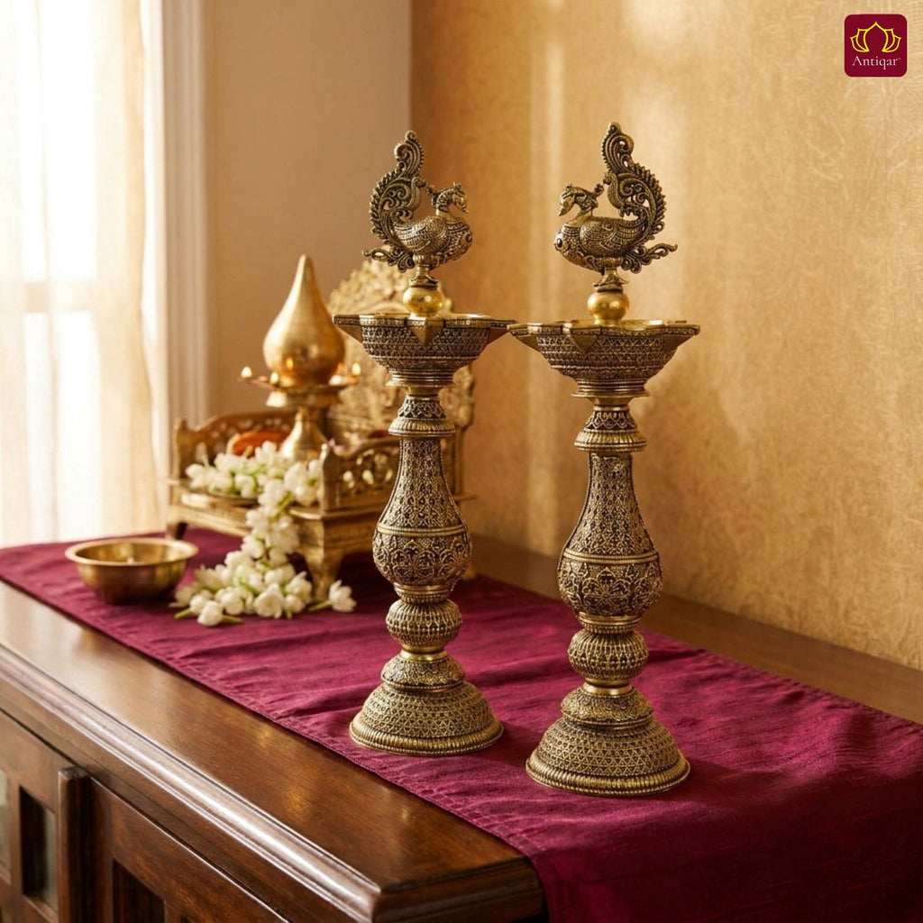 Brass Peacock Oil Lamp –20 cm | Antique Finish | Handcrafted Decor for Temple, Table & Home (Pack of 2)