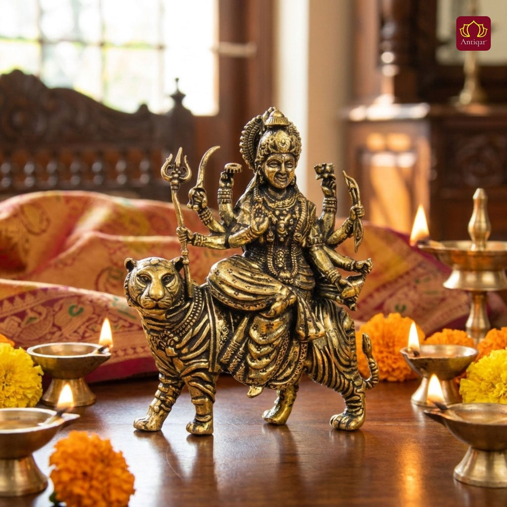 Brass Sherawali Maa Idol - 6.5cm | Sitting onTiger | Antique Golden Finish | Spiritual Idol for Temple & Home Decor