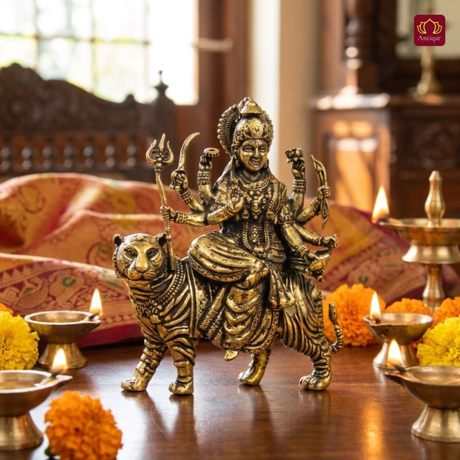 Brass Sherawali Maa Idol - 6.5cm | Sitting onTiger | Antique Golden Finish | Spiritual Idol for Temple & Home Decor
