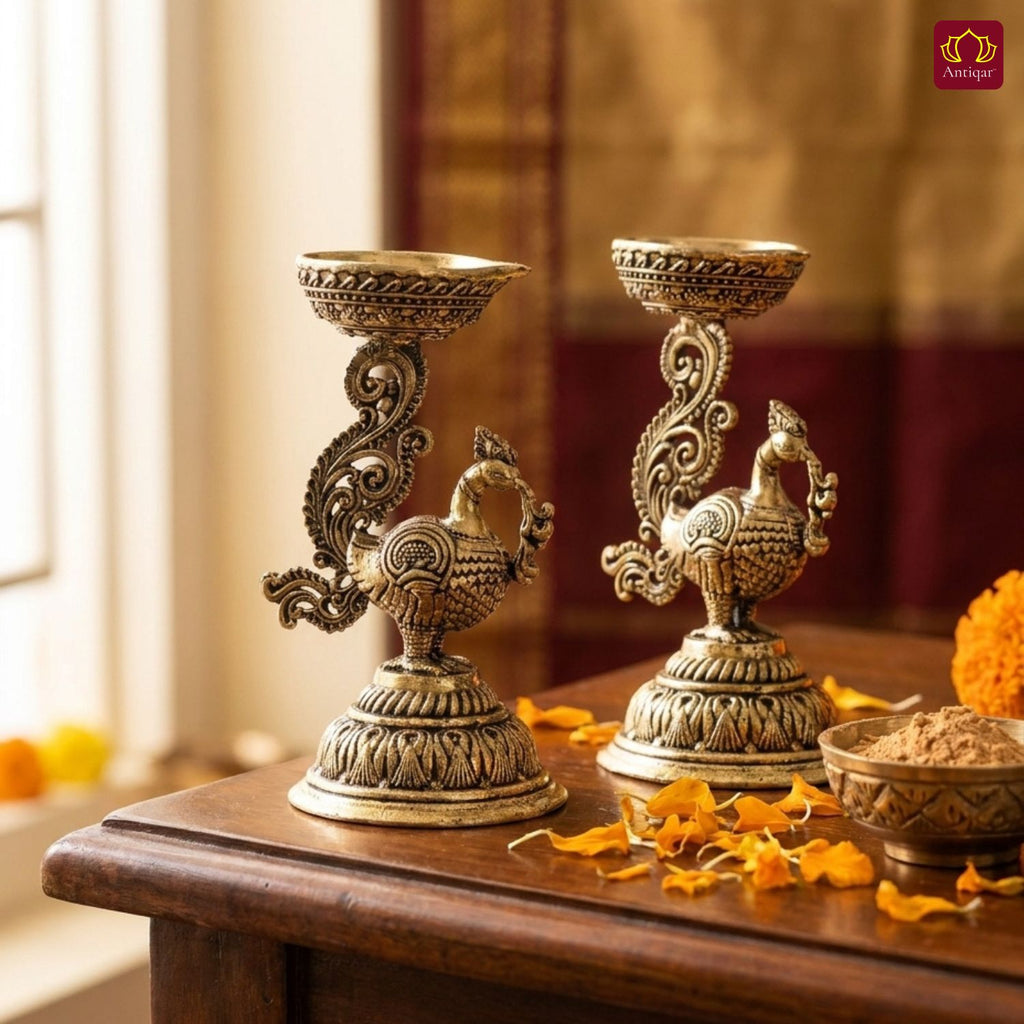 Brass Peacock Diya - 8cm | Antique Finish | Spritual use for Pooja, Temple & Festival Decor (Pack of 2)