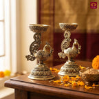 Brass Peacock Diya - 8cm | Antique Finish | Spritual use for Pooja, Temple & Festival Decor (Pack of 2)