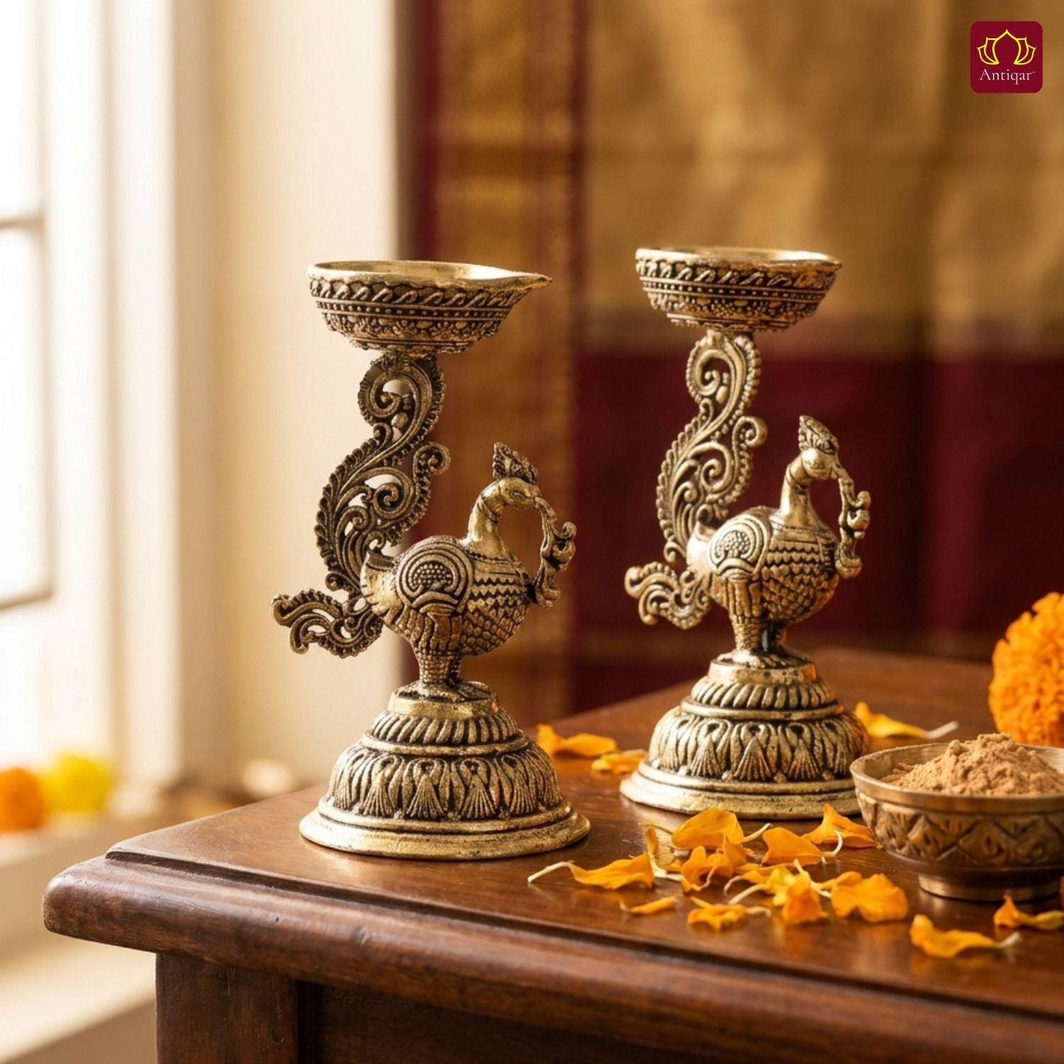 Brass Peacock Diya - 8cm | Antique Finish | Spritual use for Pooja, Temple & Festival Decor (Pack of 2)
