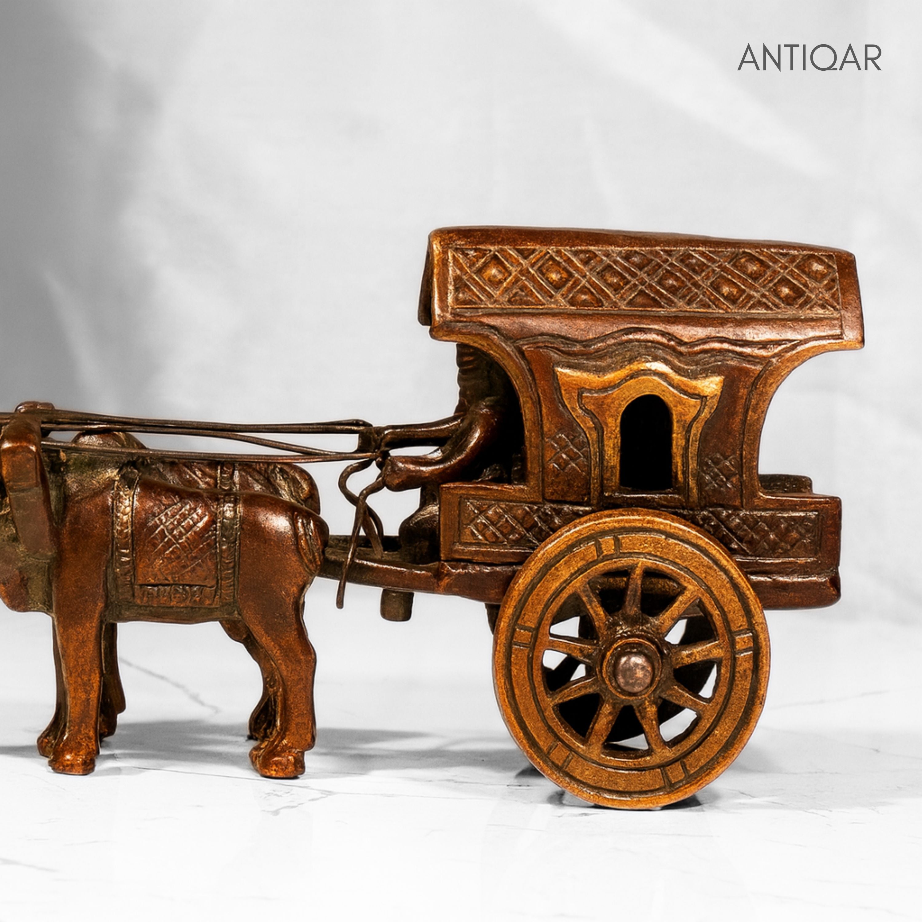 Brass Decorative Jharokha Bullock Cart Showpiece -7cm | Brown Antique Finish | Handicraft Showpiece for Home, Table & Office Decor