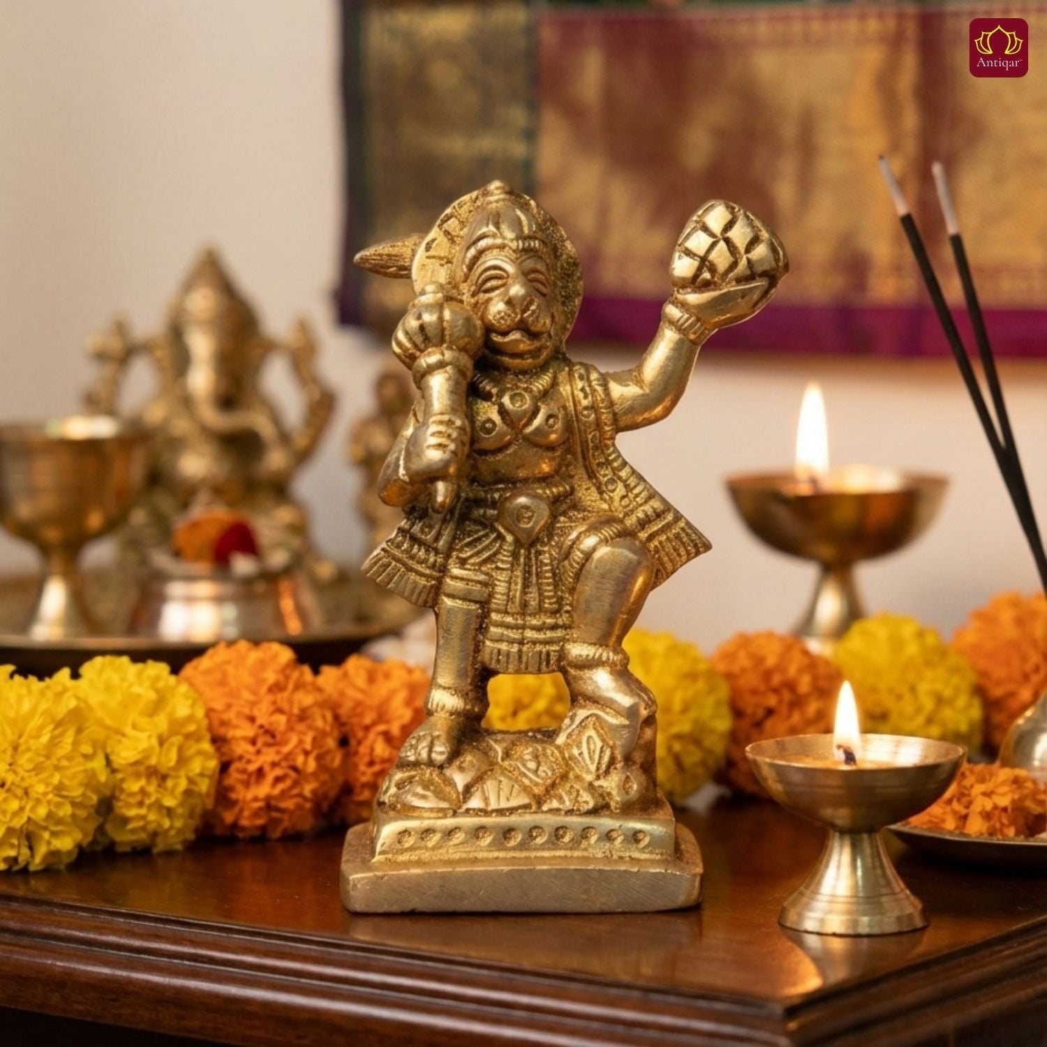 Standing Hanuman Ji Brass Idol - 8cm | Antique Golden Finish | Handcrafted Statue for Temple, Home & Car Dashboard Decor