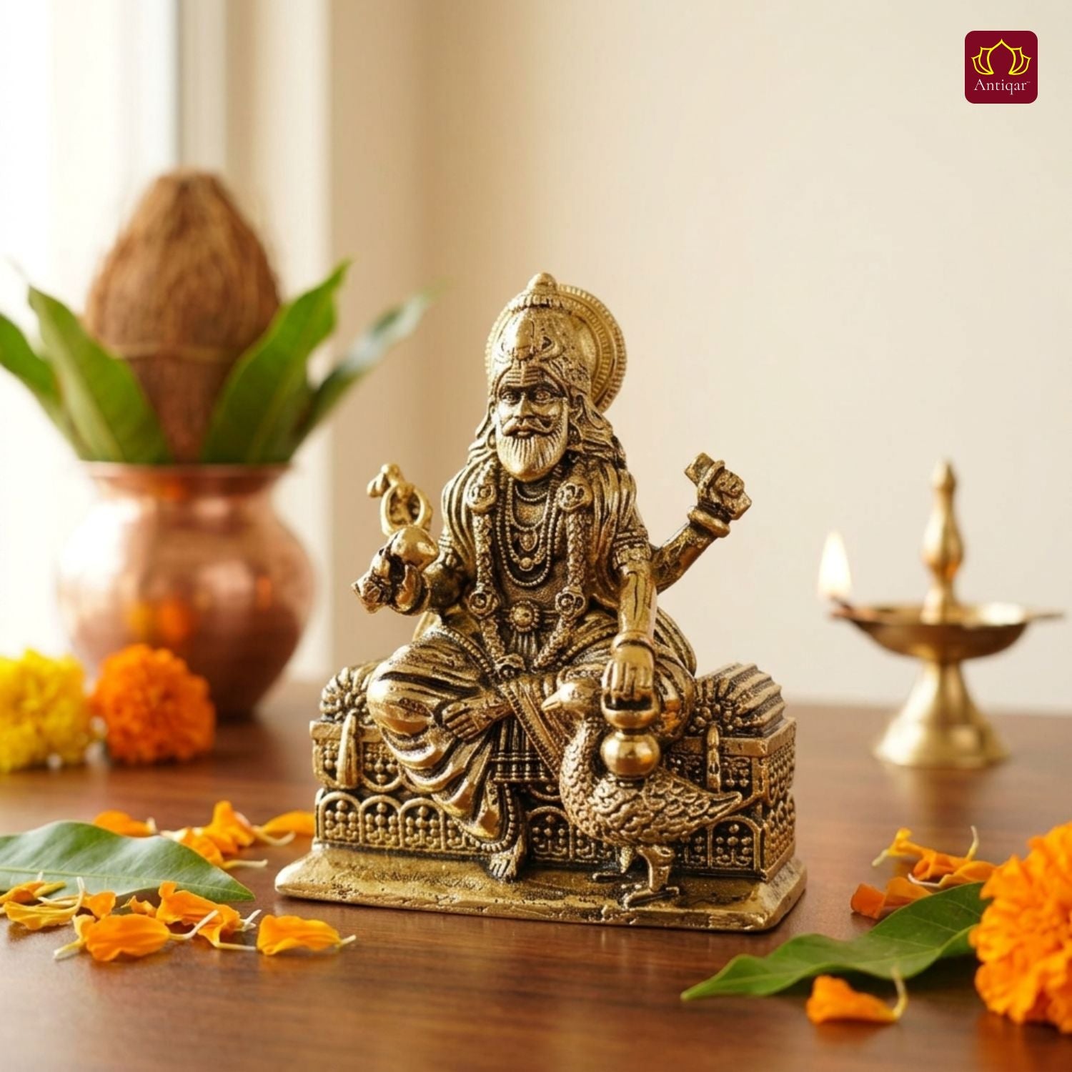 Brass Vishwakarma Ji Idol – 5 cm | Golden Finish | Spiritual Idol for Home, Office, Workshop, Temple & Car Dashboard Decor