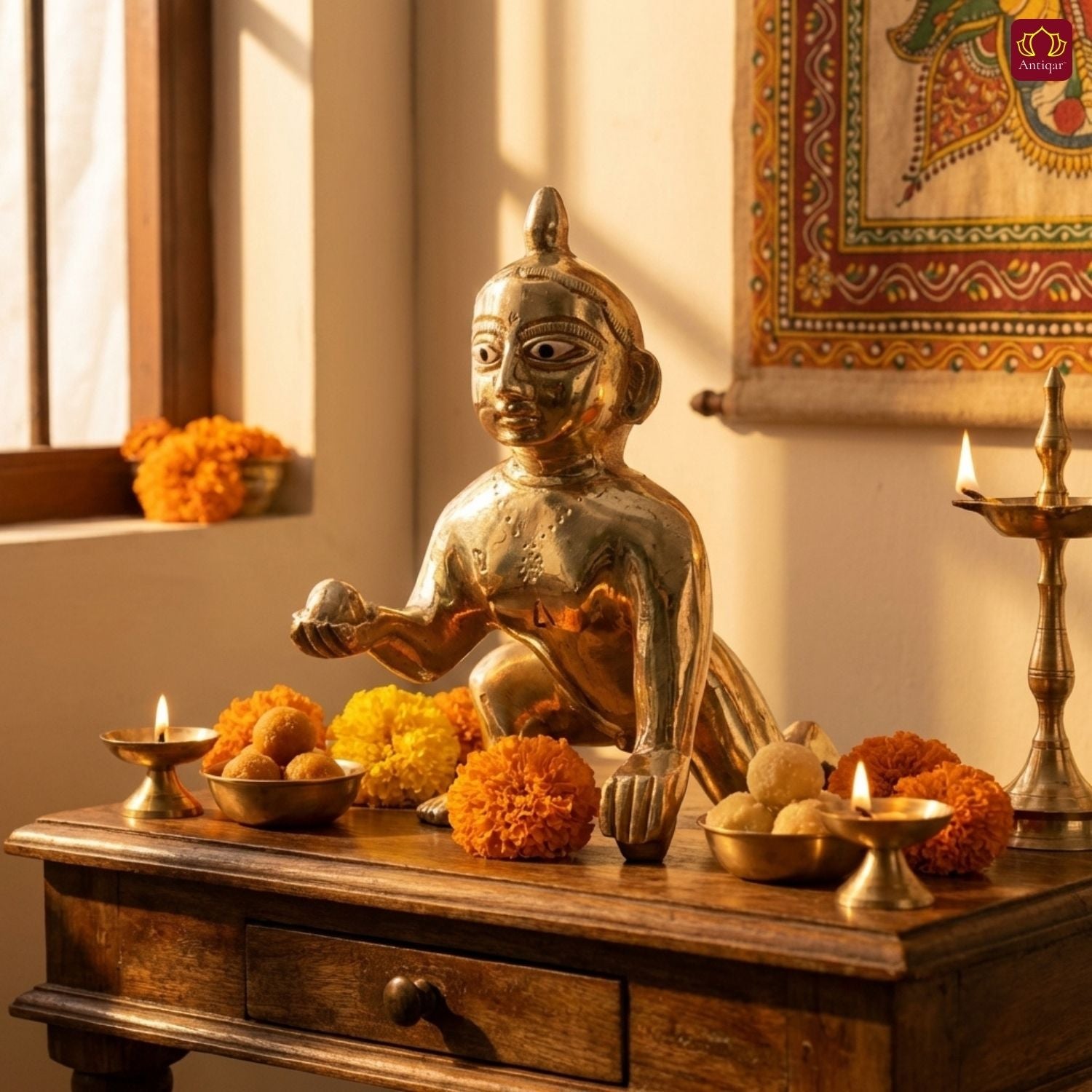 Handcrafted Laddu Gopal Brass Idol - 10cm | Superfine Finish | For Pooja, Temple & Car Dashboard Decor