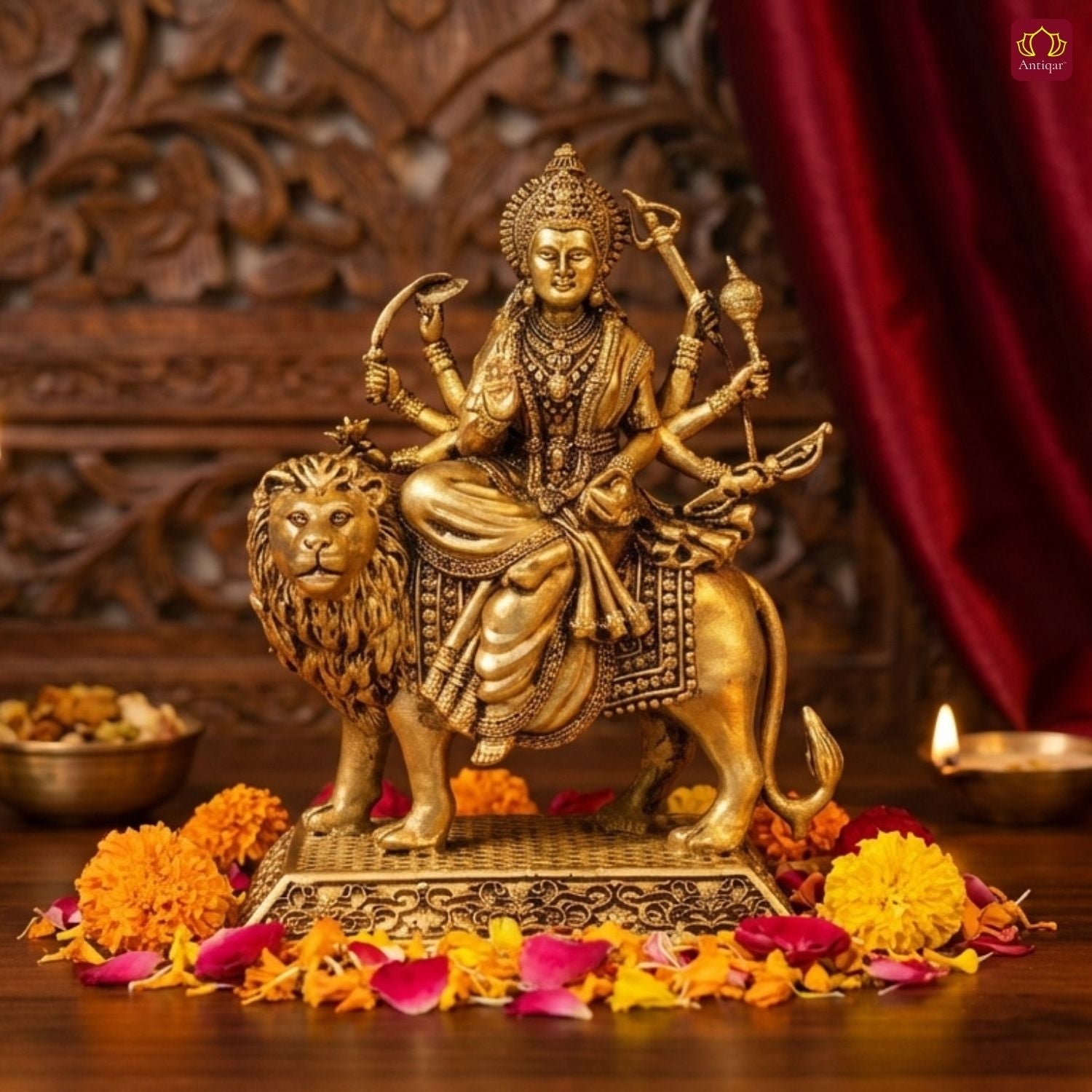 Brass Sherawali Maa Idol - 8cm | Antique Golden Finish | Spiritual Idol for Temple & Home Decor