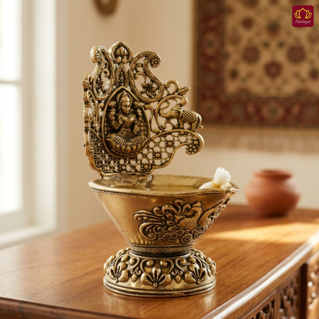 Brass Diya Laxmi Design - 10cm | Antique Finish | Spritual use for Pooja, Temple & Festival Decor