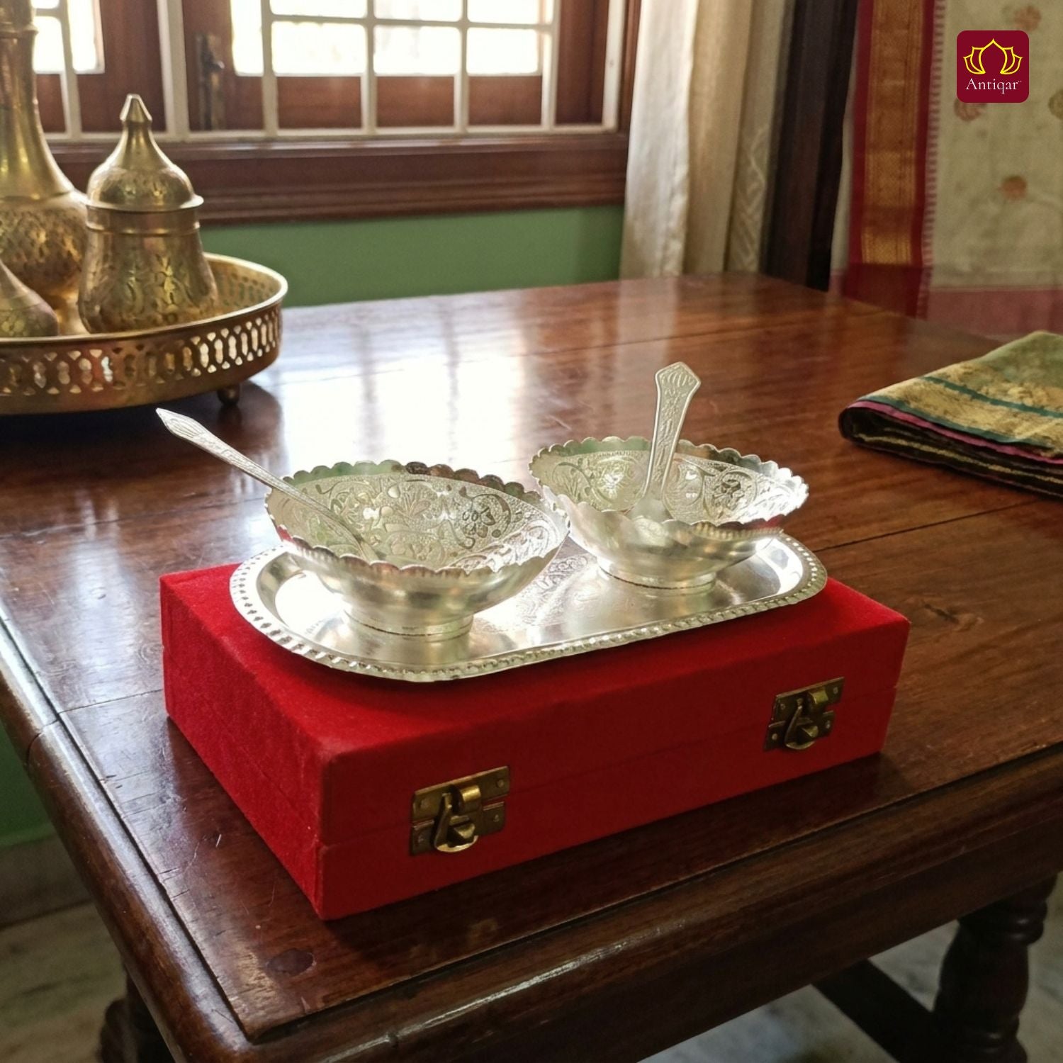 Royal Dry Fruit & Paan Dan Serving Set | Silver Plated | Red Velvet Box | Set of 5 | Handcrafted Artistry | Festive & Decorative Showpiece