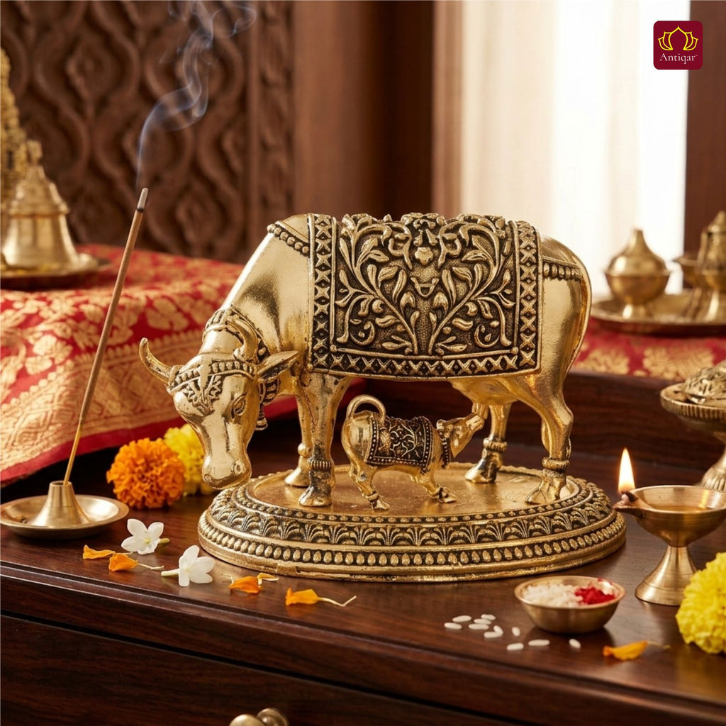 Brass Cow & Calf Figurine with Base -7cm | Golden Finish | Spritual use for Home, Temple & Dashboard Decor