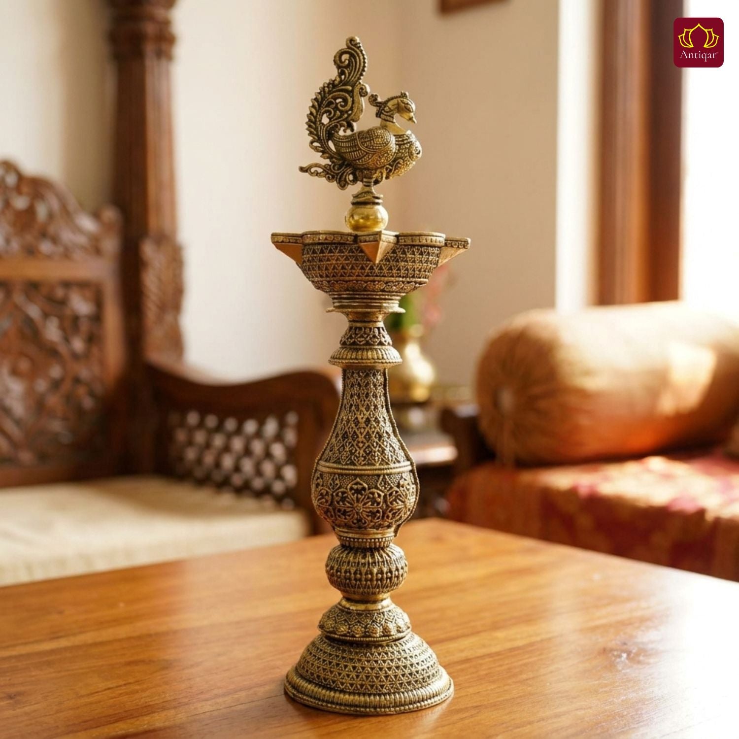Brass Peacock Oil Lamp –20 cm | Antique Finish | Handcrafted Decor for Temple, Table & Home