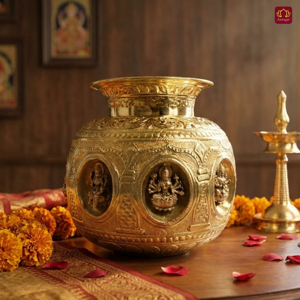 Brass Ashta Lakshmi Kalash - 18cm | Antique Yellow Finish | Spritual use for Pooja, Temple & Festival Decor