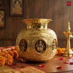 Brass Ashta Lakshmi Kalash - 18cm | Antique Yellow Finish | Spritual use for Pooja, Temple & Festival Decor