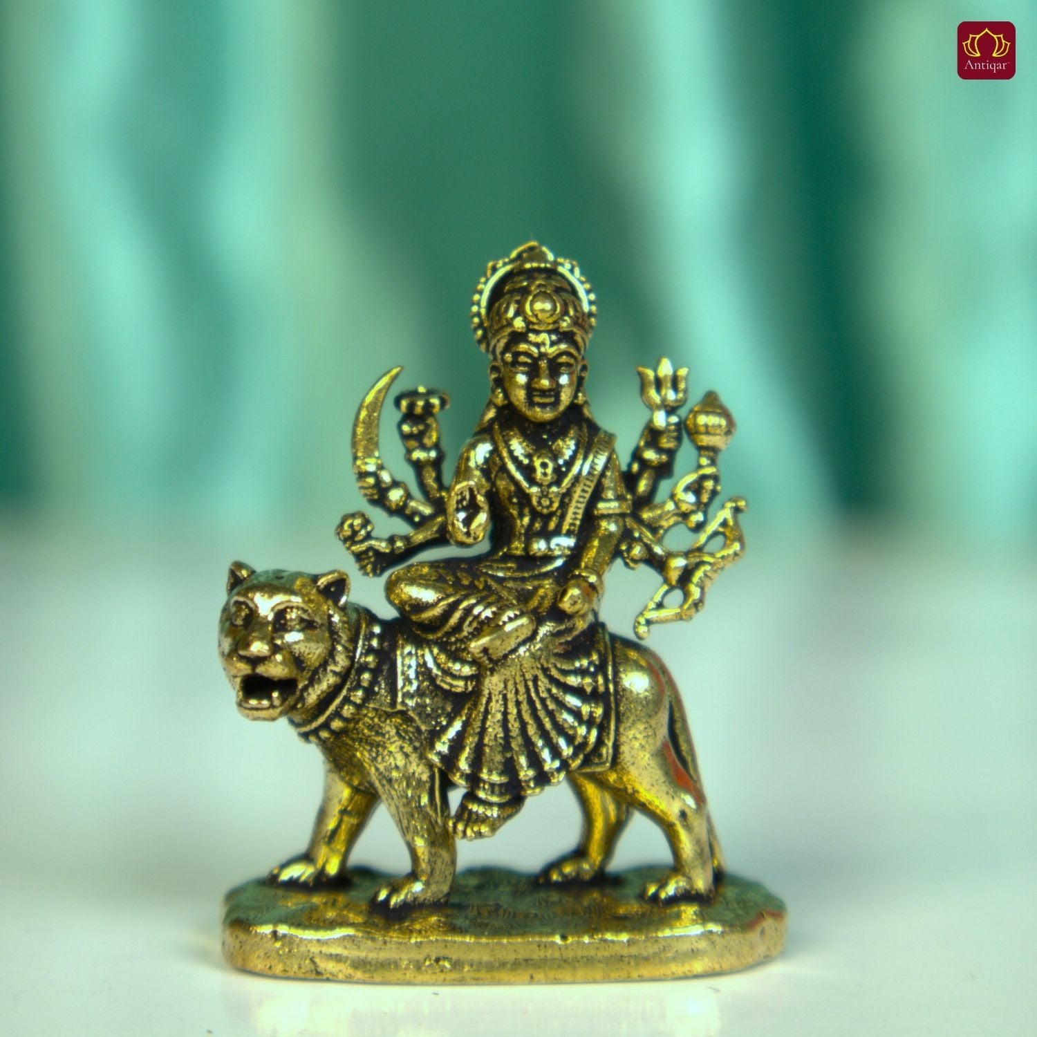 Brass Miniature Sherawali Maa Idol - 4cm | Antique Finish | Spritual use for Home, Temple & Car Dashboard Decor