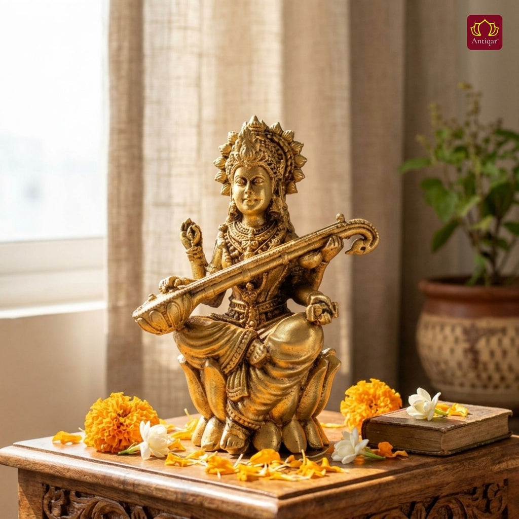 Brass Saraswati Ji Idol - 7.5cm | Antique Golden Finish | Spiritual Idol for Temple & Home Decor