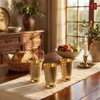 Brass Etching Design Glass - 10.5cm | Serve water & Milks | Antique Golden Finish | Traditional Mughlai Style use for serving in Kitchen, Festivals and Restaurents  (Pack of 3 set)