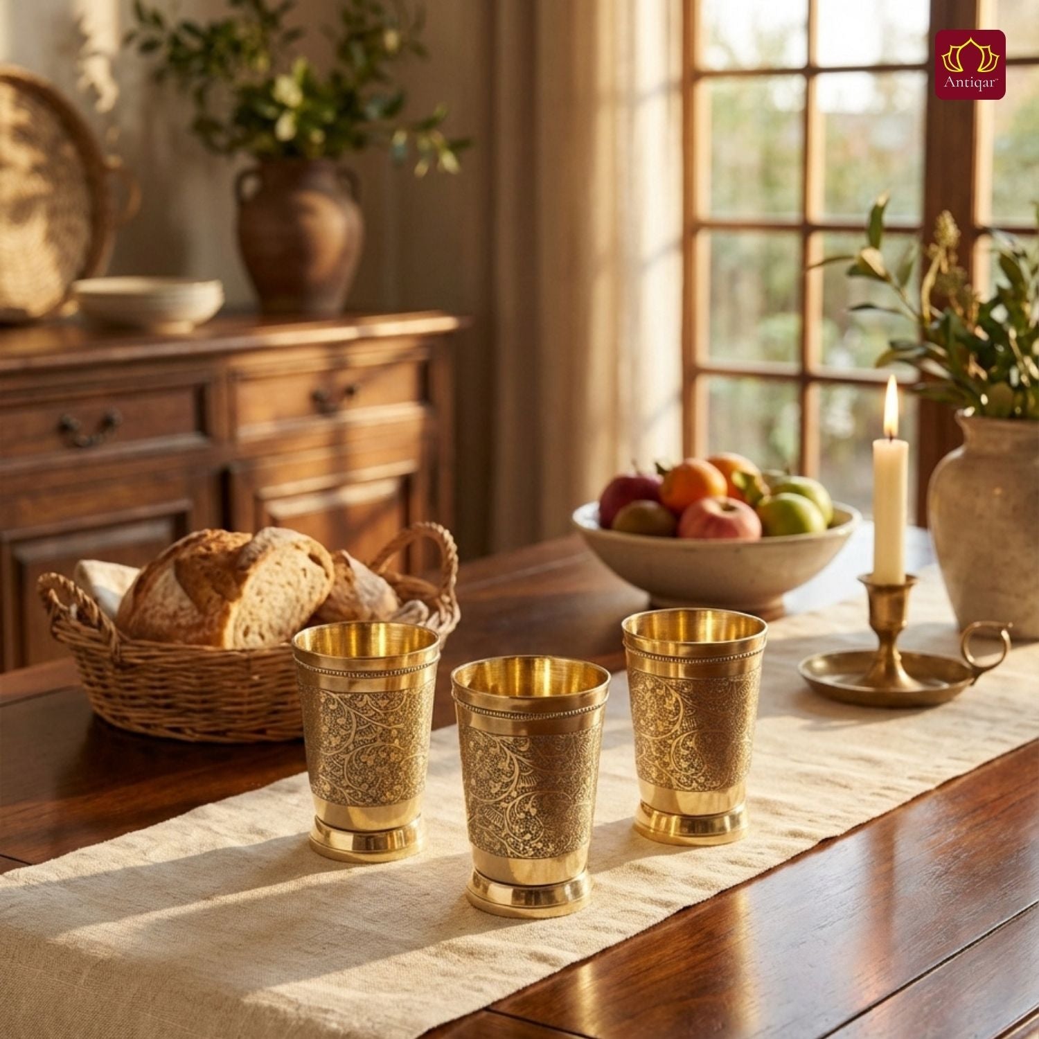 Brass Etching Design Glass - 10.5cm | Serve water & Milks | Antique Golden Finish | Traditional Mughlai Style use for serving in Kitchen, Festivals and Restaurents  (Pack of 3 set)