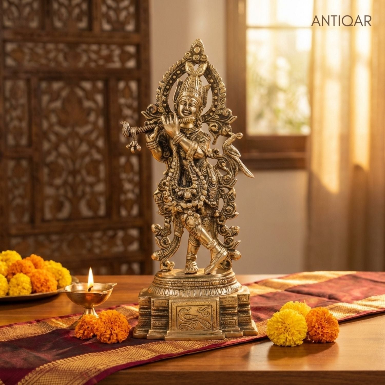 Antiqar Lord Krishna Playing Flute | Antique Brass Statue | Handcrafted Artwork | Home & Office Décor | Ideal for Gifting & Spiritual Blessings