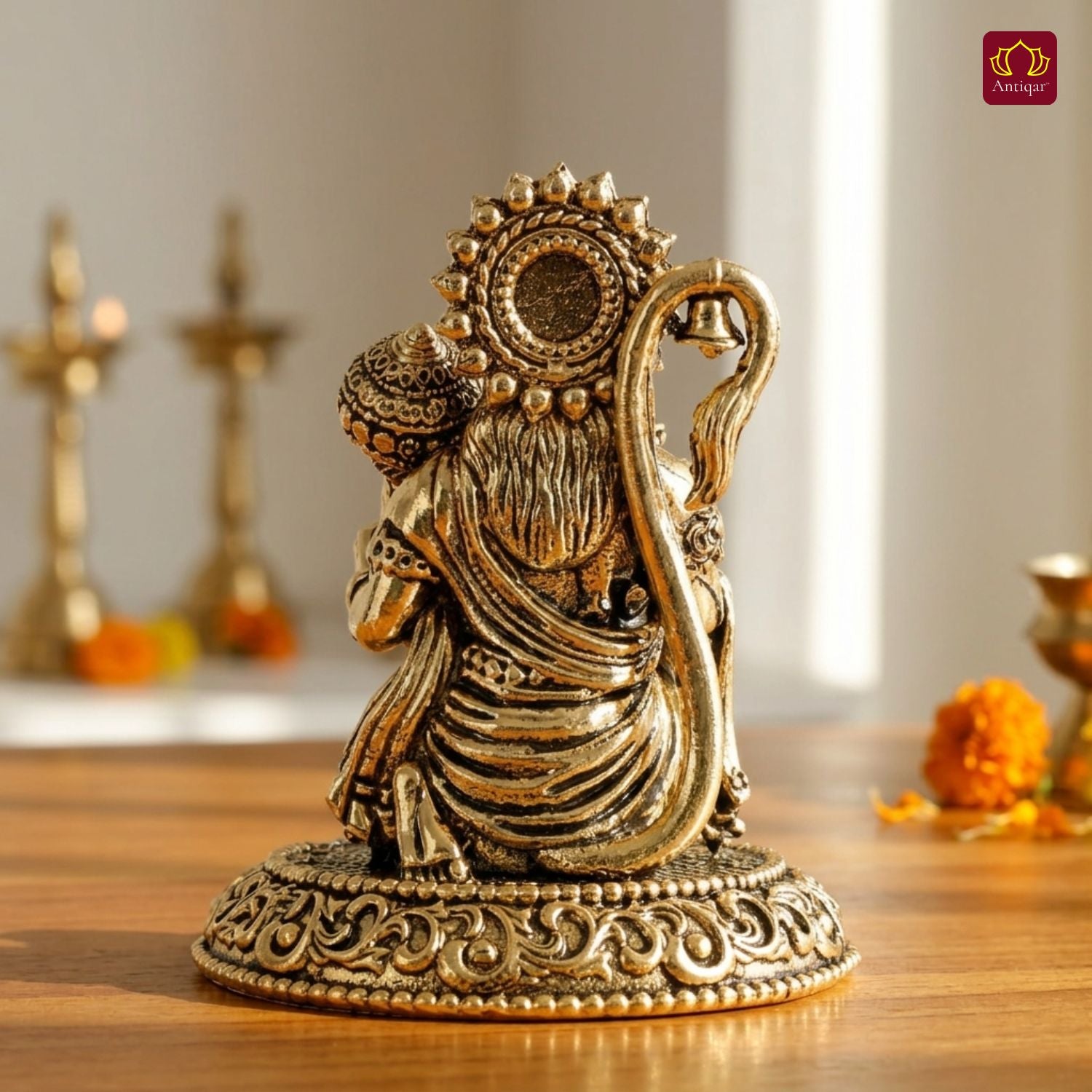 Brass Hanuman Ji Idol -7.5 cm | Golden Finish | Handcrafted Statue for Temple, Home Decor & Car Dashboard