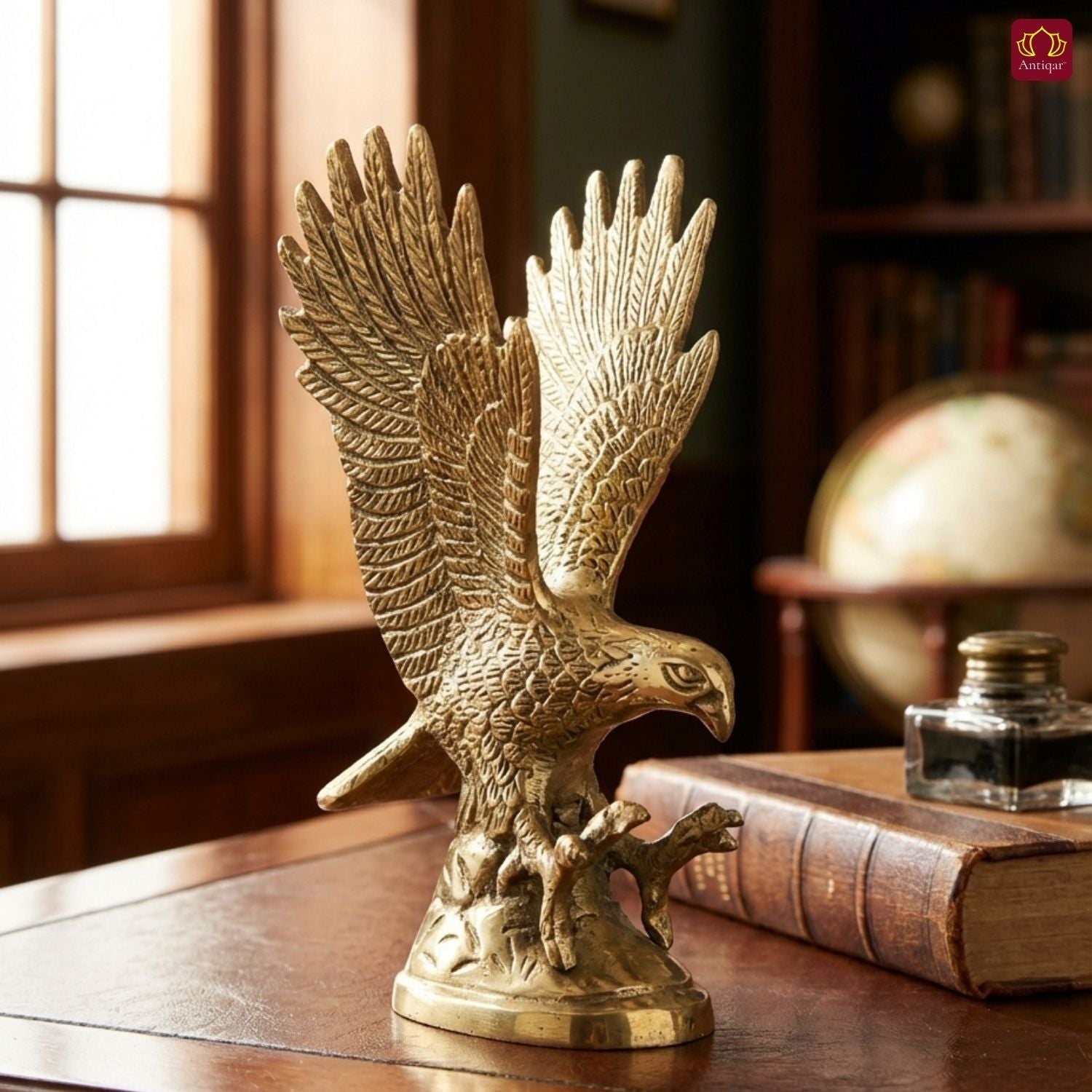 Brass Eagle Showpiece – 16 cm | Upward Wings Sitting on Rock with Carving | Superfine Finish | Handcrafted Decor for Home, Table & Vastu Use