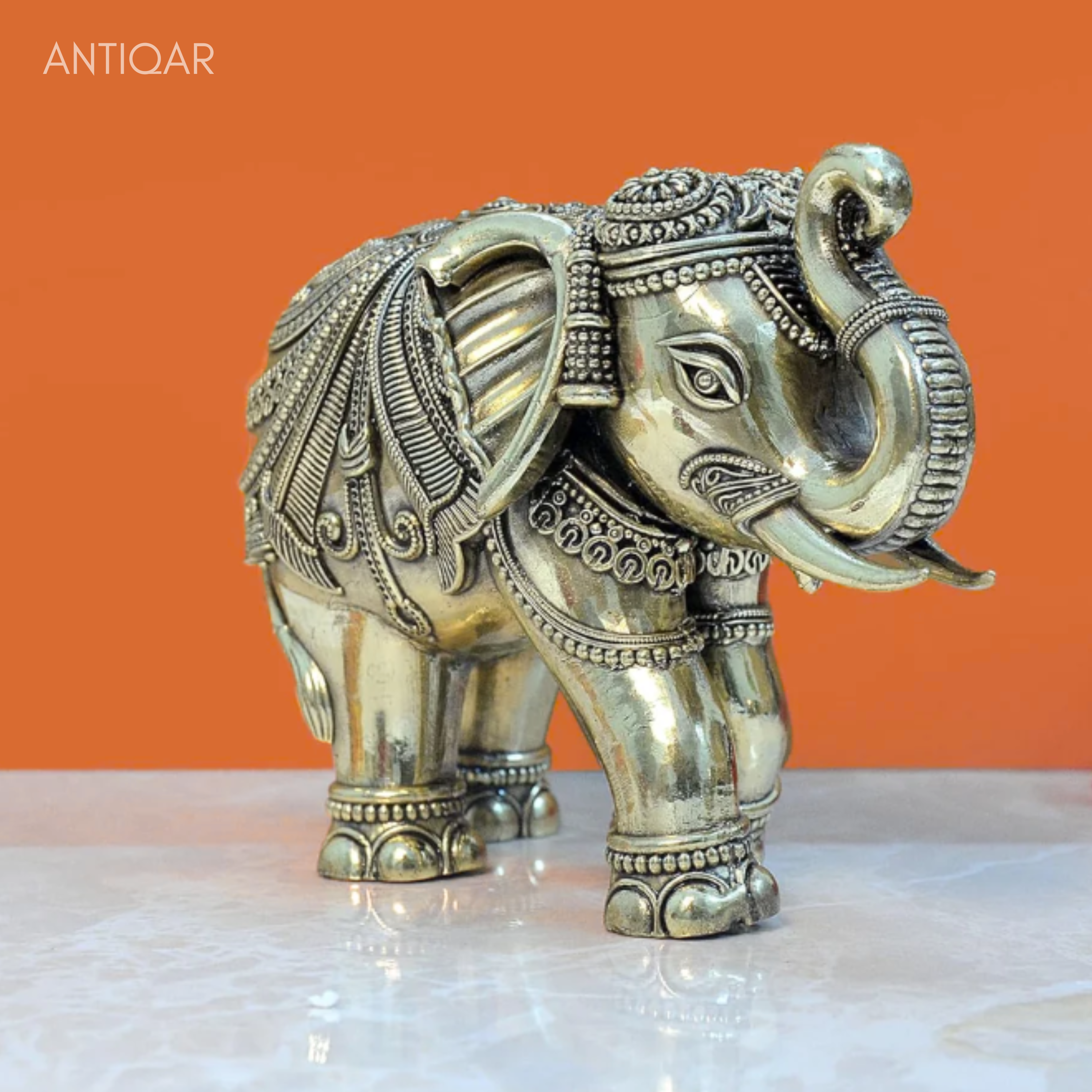 Brass Elephant Showpiece in Floral Design - 5cm | Antique Golden Finish | Decorative Figurines for Temple, Home & Office